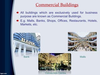 All buildings which are exclusively used for business
purpose are known as Commercial Buildings.
E.g. Malls, Banks, Shops, Offices, Restaurants, Hotels,
Markets, etc.
Commercial Buildings
Bank
Convention Centre
Malls
 