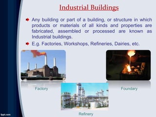 Any building or part of a building, or structure in which
products or materials of all kinds and properties are
fabricated, assembled or processed are known as
Industrial buildings.
E.g. Factories, Workshops, Refineries, Dairies, etc.
Industrial Buildings
Factory
Refinery
Foundary
 