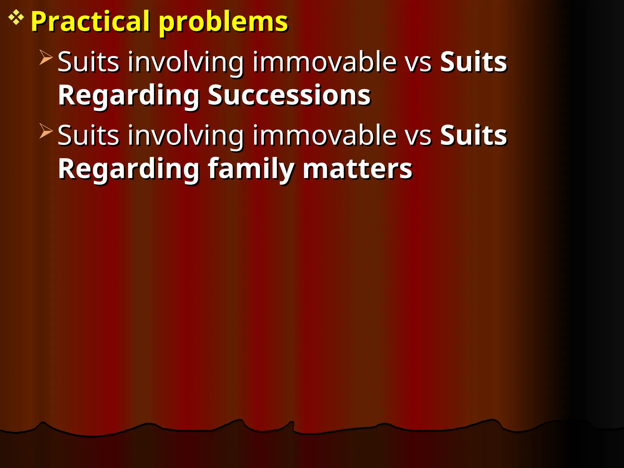  Practical problems
Practical problems
 Suits involving immovable vs
Suits involving immovable vs Suits
Suits
Regarding Successions
Regarding Successions
 Suits involving immovable vs
Suits involving immovable vs Suits
Suits
Regarding family matters
Regarding family matters
 