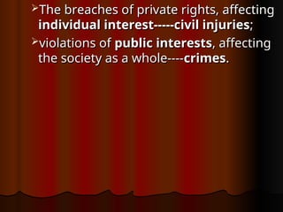 The breaches of private rights, affecting
The breaches of private rights, affecting
individual interest-----civil injuries
individual interest-----civil injuries;
;
violations of
violations of public interests
public interests, affecting
, affecting
the society as a whole----
the society as a whole----crimes
crimes.
.
 