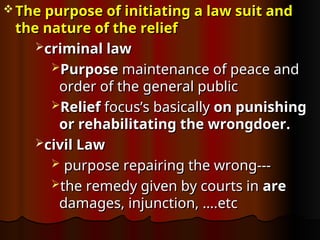  The purpose of initiating a law suit and
The purpose of initiating a law suit and
the nature of the relief
the nature of the relief
criminal law
criminal law
Purpose
Purpose maintenance of peace and
maintenance of peace and
order of the general public
order of the general public
Relief
Relief focus’s basically
focus’s basically on punishing
on punishing
or rehabilitating the wrongdoer.
or rehabilitating the wrongdoer.
civil Law
civil Law
 purpose repairing the wrong---
purpose repairing the wrong---
the remedy given by courts in
the remedy given by courts in are
are
damages, injunction, ….etc
damages, injunction, ….etc
 