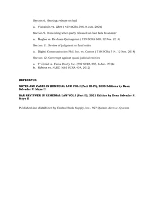 Section 6. Hearing; release on bail
a. Visitacion vs. Libre ( 459 SCRA 398, 8 Jun. 2005)
Section 9. Proceeding when party released on bail fails to answer
a. Magleo vs. De Juan-Quinagoran ( 739 SCRA 638, 12 Nov. 2014)
Section 11. Review of judgment or final order
a. Digital Communication Phil. Inc. vs. Cantos ( 710 SCRA 514, 12 Nov. 2014)
Section 12. Contempt against quasi-judicial entities
a. Trinidad vs. Fama Realty Inc. (792 SCRA 295, 6 Jun. 2016)
b. Robosa vs. NLRC ( 665 SCRA 434, 2012)
REFERENCE:
NOTES AND CASES IN REMEDIAL LAW VOL.I (Part III-IV), 2020 Editions by Dean
Salvador N. Moya II
BAR REVIEWER IN REMEDIAL LAW VOL.I (Part II), 2021 Edition by Dean Salvador N.
Moya II
Published and distributed by Central Book Supply, Inc., 927 Quezon Avenue, Quezon
 