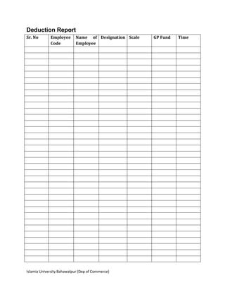 Islamia University Bahawalpur (Dep of Commerce)
Deduction Report
Sr. No Employee
Code
Name of
Employee
Designation Scale GP Fund Time
 