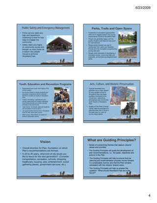 6/23/2009




    Public Safety and Emergency Management                  Parks, Trails and Open Space
• Police service rated very                          • Availability of recreation opportunities
  high and department                                  rated as 4th biggest reason why survey
                                                       respondents moved to Woodland Park.
  continuing to look for new
                                                     • People are generally happy with the
  ways to engage the                                   quality of parks and trails but see room
  community.                                           for improvement.
• Safety rated very highly                           • Respondents showed low use of
  on community survey and                              Centennial Trail, parks and Meadow
  brought up many times as                             Woods and City recreation programming
                                                       during past year.
  a reason why people
                                                     • People most interested in developing a
  moved to and love
                                                       recreation center, improving trails and
  Woodland Park.                                       sidewalks, and enhancing neighborhood
                                                       parks.




Youth, Education and Recreation Programs                  Arts, Culture, and Historic Preservation
•   Respondents and youth think highly of the        • Cultural amenities and
    school system.                                     activities not a major reason
•   But School District is losing students and         for why people moved to
    population projections show continued              Woodland Park but these
    decline in number of youths in Woodland            qualities contribute to the
    Park.                                              “small town, welcoming
•   Youths, Workshop 1 participants and                atmosphere and community
    survey respondents all support attracting          spirit” f
                                                          i it” found i W dl d
                                                                    d in Woodland
    more family-friendly and youth-oriented
                                                       Park.
    activities to the community.
•   Teen Center not heavily used and students        • Quality of Ute Pass Cultural
    are not aware of how to use it.                    Center rated as average but
•   Job opportunities hard to find in Woodland         attended less than 5 times in
    Park for both adults and youths.                   the past year by many of
•   Most survey respondents not aware of               survey respondents.
    Build-A-Generation efforts.




                                Vision                What are Guiding Principles?
                                                       • Series of overarching themes that capture citizens’
• Overall direction for Plan, foundation on which        values and priorities.
  Plan’s recommendations are formed.                   • The Guiding Principles will guide the development of
                                                         plan recommendations, i.e., the goals, objectives and
• In 20 to 30 years, what kind of city would you         actions in the Plan.
  like to leave for the next generation? (
                             g           (Consider
                                                       • Th G idi P i i l will h l t ensure th t th
                                                         The Guiding Principles ill help to           that the
  transportation, recreation, schools, shopping,
                                                         planning and implementation process moves forward
  healthcare, housing, jobs, entertainment, social       in a predictable manner and that the Plan remains
  gathering places, government services, etc.)           consistent with the citizens’ shared vision.
                                                       • The Guiding Principles will help us answer the
                                                         question: “What should Woodland Park be in the
                                                         future?”




                                                                                                                        4
 
