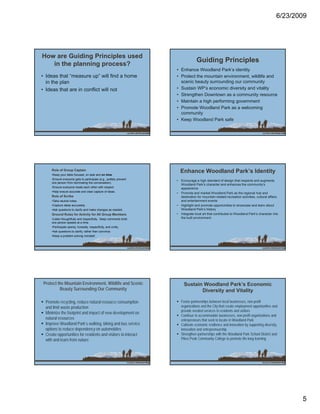 6/23/2009




How are Guiding Principles used
                                                                                 Guiding Principles
   in the planning process?
                                                                   • Enhance Woodland Park’s identity
• Ideas that “measure up” will find a home                         • Protect the mountain environment, wildlife and
  in the plan                                                        scenic beauty surrounding our community
• Ideas that are in conflict will not                              • Sustain WP’s economic diversity and vitality
                                                                   • Strengthen Downtown as a community resource
                                                                   • Maintain a high performing government
                                                                   • Promote Woodland Park as a welcoming
                                                                     community
                                                                   • Keep Woodland Park safe




    Role of Group Captain
    •Keep your table focused, on task and on time.
                                                                     Enhance Woodland Park’s Identity
    •Ensure everyone gets to participate (e.g., politely prevent
                                                                   • Encourage a high standard of design that respects and augments
    one person from dominating the conversation).
                                                                     Woodland Park’s character and enhances the community’s
    •Ensure everyone treats each other with respect.                 appearance
    •Help ensure accurate and clear capture of ideas.
                                                                   • Promote and market Woodland Park as the regional hub and
    Role of Scribe                                                   destination for mountain-related recreation activities, cultural affairs
    •Take neutral notes.                                             and entertainment events
    •Capture ideas accurately.                                     • Highlight and p
                                                                       g g          promote opportunities to showcase and learn about
                                                                                               pp
    •Ask questions to clarify and make changes as needed.            Woodland Park’s history
    Ground Rules for Activity for All Group Members                • Integrate local art that contributes to Woodland Park’s character into
    •Listen thoughtfully and respectfully. Keep comments brief,      the built environment
    one person speaks at a time.
    •Participate openly, honestly, respectfully, and civilly.
    •Ask questions to clarify, rather than convince.
    •Keep a problem-solving mindset!




Protect the Mountain Environment, Wildlife and Scenic                   Sustain Woodland Park’s Economic
         Beauty Surrounding Our Community                                      Diversity and Vitality

 Promote recycling, reduce natural resource consumption               Foster partnerships between local businesses, non-profit
 and limit waste production                                           organizations and the City that create employment opportunities and
                                                                      provide needed services to residents and visitors
 Minimize the footprint and impact of new development on
                                                                      Continue to accommodate businesses, non-profit organizations and
 natural resources                                                    entrepreneurs that seek to locate in Woodland Park
                                                                            p
 Improve Woodland Park’s walking, biking and bus service              Cultivate economic resilience and innovation by supporting diversity,
 options to reduce dependency on automobiles                          innovation and entrepreneurship
 Create opportunities for residents and visitors to interact          Strengthen partnerships with the Woodland Park School District and
 with and learn from nature                                           Pikes Peak Community College to promote life-long learning




                                                                                                                                                  5
 