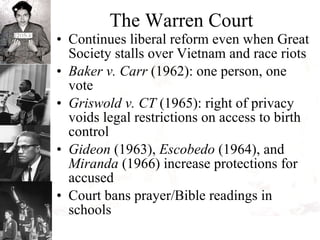 The Warren Court Continues liberal reform even when Great Society stalls over Vietnam and race riots  Baker v. Carr  (1962): one person, one vote Griswold v. CT  (1965): right of privacy voids legal restrictions on access to birth control Gideon  (1963),  Escobedo  (1964), and  Miranda  (1966) increase protections for accused Court bans prayer/Bible readings in schools 