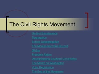 The Civil Rights Movement
Harlem Renaissance
Segregation
School Desegregation
The Montgomery Bus Boycott
Sit-Ins
Freedom Riders
Desegregating Southern Universities
The March on Washington
Voter Registration
The End of the Movement
 