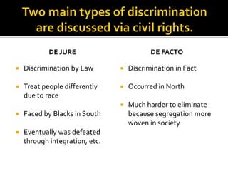 DE JURE
 Discrimination by Law
 Treat people differently
due to race
 Faced by Blacks in South
 Eventually was defeated
through integration, etc.
DE FACTO
 Discrimination in Fact
 Occurred in North
 Much harder to eliminate
because segregation more
woven in society
 