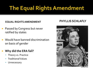 PHYLLIS SCHLAFLYEQUAL RIGHTS AMENDMENT
 Passed by Congress but never
ratified by states
 Would have banned discrimination
on basis of gender
 Why did the ERA fail?
 Theory vs. Practice
 TraditionalValues
 Unnecessary
 