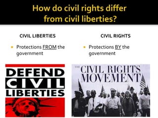 CIVIL LIBERTIES
 Protections FROM the
government
CIVIL RIGHTS
 Protections BY the
government
 