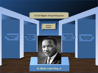 Museum Entrance Dr. Martin Luther King, Jr. Sojourner Truth, Ruby Bridges & Jackie Robinson Bessie Coleman,  Boys Without Names &  Harriet Tubman Martin Luther King, Jr.,  Students On Strike  & Harriet Tubman Matthew Henson,  The Journal of Joshua Loper,  & Muhammad Ali A Civil Rights Virtual Museum Visit the Curators  