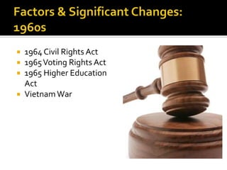  1964 Civil Rights Act
 1965 Voting Rights Act
 1965 Higher Education
  Act
 Vietnam War
 