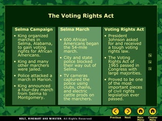 The Voting Rights Act
Selma Campaign
• King organized
marches in
Selma, Alabama,
to gain voting
rights for African
Americans.
• King and many
other marchers
were jailed.
• Police attacked a
march in Marion.
• King announced
a four-day march
from Selma to
Montgomery.
Selma March
• 600 African
Americans began
the 54-mile
march.
• City and state
police blocked
their way out of
Selma.
• TV cameras
captured the
police using
clubs, chains,
and electric
cattle prods on
the marchers.
Voting Rights Act
• President
Johnson asked
for and received
a tough voting
rights law.
• The Voting
Rights Act of
1965 passed in
Congress with
large majorities.
• Proved to be one
of the most
important pieces
of civil rights
legislation ever
passed.
 