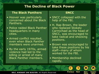 The Decline of Black Power
The Black Panthers
• Hoover was particularly
concerned about the Black
Panthers.
• Police raided Black Panther
headquarters in many
cities.
• Armed conflict resulted,
even when Black Panther
members were unarmed.
• By the early 1970s, armed
violence had led to the
killing or arrest of many
Black Panther members.
SNCC
• SNCC collapsed with the
help of the FBI.
• H. Rap Brown, the leader
who replaced Stokely
Carmichael as the head of
SNCC, was encouraged to
take radical and shocking
positions.
• Brown was encouraged to
take these positions by his
staff—many of whom
worked for the FBI.
• Membership declined
rapidly.
 
