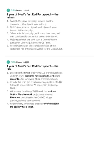  Polity | August 15, 2015
1 year of Modi’s first Red Fort speech – the
misses
1.  Swachh Vidyalaya campaign showed that the
corporates did not participate actively.
2.  Only 16 corporates, big and small, showed some
interest in the campaign.
3.  “Make in India” campaign, which was later launched
with considerable fanfare has been a slow starter.
4.  Major reason for this slow start is uncertainty on
passage of Land Acquisition and GST Bills.
5.  Recent washout of the Monsoon session of the
Parliament has only made it worse for the Union Govt.
 Polity | August 15, 2015
1 year of Modi’s first Red Fort speech – the
hits
1.  Exceeding the target of covering 7.5 crore households
under PMJDY, the banks have opened 16.73 crore
accounts after surveying 21.02 crore households.
2.  By July this year, the zero balance accounts in PMJDY
fell by 30 per cent from 76 per cent in September
2014.
3.  With a new deadline of 2017‐end, the National
Optical Fibre Network project was renamed
BharatNet and an estimated 30,000 village
panchayats have been covered.
4.  HRD ministry announced that now every school in
the country has a toilet.
 