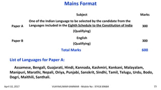 Subject Marks
Paper A
One of the Indian Language to be selected by the candidate from the
Languages included in the Eighth Schedule to the Constitution of India
(Qualifying)
300
Paper B
English
(Qualifying)
300
Total Marks 600
Mains Format
List of Languages for Paper A:
Assamese, Bengali, Guajarati, Hindi, Kannada, Kashmiri, Konkani, Malayalam,
Manipuri, Marathi, Nepali, Oriya, Punjabi, Sanskrit, Sindhi, Tamil, Telugu, Urdu, Bodo,
Dogri, Maithili, Santhali.
VIJAYAKUMAR KAMMAR - Mobile No : 97418 89684 15April 10, 2017
 