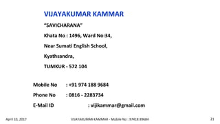 VIJAYAKUMAR KAMMAR
“SAVICHARANA”
Khata No : 1496, Ward No:34,
Near Sumati English School,
Kyathsandra,
TUMKUR - 572 104
Mobile No : +91 974 188 9684
Phone No : 0816 - 2283734
E-Mail ID : vijikammar@gmail.com
VIJAYAKUMAR KAMMAR - Mobile No : 97418 89684 21April 10, 2017
 