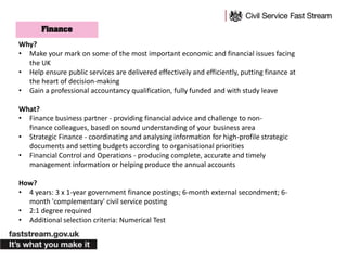 Why?
• Make your mark on some of the most important economic and financial issues facing
the UK
• Help ensure public services are delivered effectively and efficiently, putting finance at
the heart of decision-making
• Gain a professional accountancy qualification, fully funded and with study leave
What?
• Finance business partner - providing financial advice and challenge to non-
finance colleagues, based on sound understanding of your business area
• Strategic Finance - coordinating and analysing information for high-profile strategic
documents and setting budgets according to organisational priorities
• Financial Control and Operations - producing complete, accurate and timely
management information or helping produce the annual accounts
How?
• 4 years: 3 x 1-year government finance postings; 6-month external secondment; 6-
month 'complementary' civil service posting
• 2:1 degree required
• Additional selection criteria: Numerical Test
 