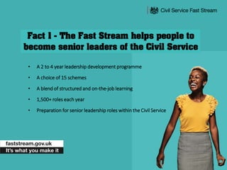 • A 2 to 4 year leadership development programme
• A choice of 15 schemes
• A blend of structured and on-the-job learning
• 1,500+ roles each year
• Preparation for senior leadership roles within the Civil Service
 