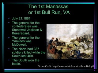 The 1st Manassas
or 1st Bull Run, VA
• July 21,1861
• The general for the
confederates was
Stonewall Jackson &
Buearegard.
• The general for the
Yankees was
McDowell.
• The North had 387
soldiers killed while the
South lost 460.
• The South won the
battle.

Picture Credit: http://www.multied.com/civilwar/Bull.gif

 