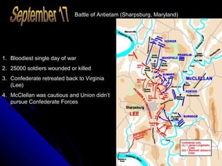Battle of Antietam (Sharpsburg, Maryland)

1. Bloodiest single day of war
2. 25000 soldiers wounded or killed
3. Confederate retreated back to Virginia
(Lee)
4. McClellan was cautious and Union didn’t
pursue Confederate Forces

 