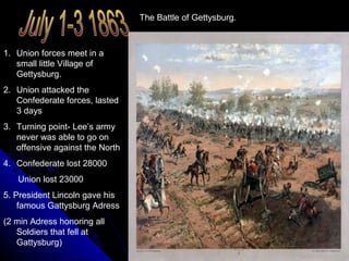 The Battle of Gettysburg.

1. Union forces meet in a
small little Village of
Gettysburg.
2. Union attacked the
Confederate forces, lasted
3 days
3. Turning point- Lee’s army
never was able to go on
offensive against the North
4. Confederate lost 28000
Union lost 23000
5. President Lincoln gave his
famous Gattysburg Adress
(2 min Adress honoring all
Soldiers that fell at
Gattysburg)

 