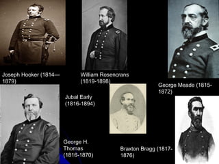 Joseph Hooker (1814—
1879)

William Rosencrans
(1819-1898)
Jubal Early
(1816-1894)

George H.
Thomas
(1816-1870)

George Meade (18151872)

Braxton Bragg (18171876)

 