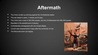 Aftermath
• The Union ended up winning against the Confederate states
• The war lasted 4 years, 3 weeks and 6 days.
• The Union lost a total of 365,000 people, and the Confederates lost 260,000 people
• Resulted in the abolishment of slavery
• Confederates reintegrated with the United States
• Lincoln was assassinated 5 days after the surrender of Lee
• The Reconstruction era begins
 