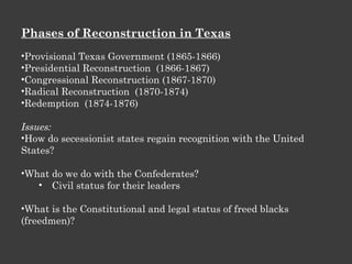 Phases of Reconstruction in Texas Provisional Texas Government (1865-1866) Presidential Reconstruction  (1866-1867) Congressional Reconstruction (1867-1870) Radical Reconstruction  (1870-1874) Redemption  (1874-1876) Issues: How do secessionist states regain recognition with the United States? What do we do with the Confederates? Civil status for their leaders What is the Constitutional and legal status of freed blacks (freedmen)? 