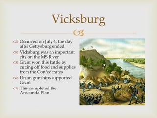 
Vicksburg
 Occurred on July 4, the day
after Gettysburg ended
 Vicksburg was an important
city on the MS River
 Grant won this battle by
cutting off food and supplies
from the Confederates
 Union gunships supported
Grant
 This completed the
Anaconda Plan
 