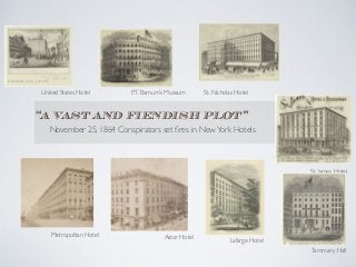 “a vast and fiendish plot”
P.T. Barnum’s Museum
St. James Hotel
Metropolitan Hotel
United States Hotel
Lafarge Hotel
Astor Hotel
St. Nicholas Hotel
Tammany Hall
November 25, 1864 Conspirators set ﬁres in NewYork Hotels
 