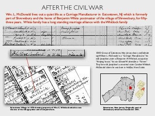 Eatontown, New Jersey. Originally part of
Shrewsbury which was founded in 1693.
1880 Census of Eatontown, New Jersey shows confederate
spyWilliam L. McDonald is a “Carriage Manufacturer,” his
wife Josephine, sister of Benjamin M.Whitlock, occupation
“Keeping house,” his son EdwardW. identiﬁes a “Farmer.”
They live with Josephine’s unmarried sister CarolineWhitlock.
McDonald claims he was born in Halifax, Nova Scotia.
Eatontown Village in 1878 showing property of Miss C. Whitlock which is now
the site of the village police and ire department.
Wm. L. McDonald lives out a quiet life as a Carriage Manufacturer in Eatontown, NJ which is formerly
part of Shrewsbury and the home of Benjamin White postmaster of the village of Shrewsbury, for ﬁfty-
three years. White family has a long standing marriage alliance with the Whitlock family
AFTERTHE CIVIL WAR
 