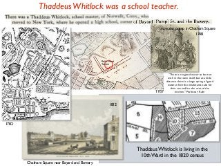 tea water pump in Chatham Square
Chatham Square near Bayard and Bowery
ThaddeusWhitlock was a school teacher.
“There is no good water to be met
with in the town itself; but at a little
distance there is a large spring of good
water, which the inhabitants take for
their tea and for the uses of the
kitchen.” Professor Kalm
1782
1812
1748
Thaddeus Whitlock is living in the
10th Ward in the 1820 census
1767
Bulls Head
Tavern
 