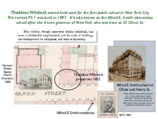 Thaddeus Whitlock owned land used for the ﬁrst public school in New York City.
The current PS 1 was built in 1897. It’a also known as the Alfred E. Smith elementary
school after the 4 time governor of New York who was born at 25 Oliver St.
Alfred E. Smith residence
Thaddeus Whitlock
properties 1832
Alfred E. Smith school at
Oliver and Henry St.
1873-1944
Mariner’s
Temple
Baptist
Church
illustration
1808.
Public Schools were built on corner
lots in the early days of public
education. Considered optimal for
light and air circulation. But by the
20th century these locations were too
valuable for purchase by the city.
 