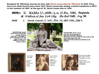 Irad Hawley
1793-1865
Benjamin M. Whitlock marries his ﬁrst wife Maria Louisa Hawley Whitlock in 1846. They
have one child, Sarah Louisa born 1847. Maria Louisa dies during a cholera epidemic in NYC
in the summer of 1849 at the age of 25. Sarah Louisa dies in 1854.
Sarah Lavinia Hawley
Born June 15, 1845,
Died March 12, 1932.
Sarah Louisa
Hawley’s sister at the
family home
47 Fifth Ave.
Sarah Holmes
1801-1891
INSCRIPTION, Maria's stone:
Left side: To the memory of
Maria Louisa Hawley Whitlock
Blessed are the pure in heart for they shall see God
Front: Died August 20, 1849
Right: Erected as a tribute of affection by her
husband.
INSCRIPTION, Sarah's
stone: Front: Sarah Louisa
Hawley Whitlock
Died July 2, 1854 Aged 11
years 8 months and 21 days
Right: Of such is the
Kingdom of Heaven—
Mathew XIX.14.
Mother of
Maria Louisa
and Sarah
Louisa 47
Fifth Ave.
Father of
Maria
Louisa and
Sarah
Louisa
 