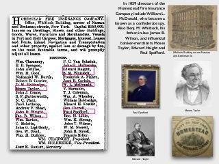 In 1859 directors of the
Homestead Fire Insurance
Company include William L.
McDonald, who became a
known as a confederate spy.
Also Benj. M. Whitlock, his
father-in-law James B.
Wilson, and inﬂuential
banker-merchants Moses
Taylor, Edward Haight and
Paul Spofford.
Paul Spofford
Edward Haight
Moses Taylor
Whitlock Building corner Nassau
and Beekman St.
 