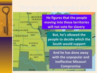 The Kansas-Nebraska Act
He figures that the people
moving into these territories
will not vote for slavery
But, he’s allowed the
people to decide which the
South would support
And he has done away
with the unpopular and
ineffective Missouri
Compromise
 
