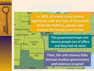 Bleeding Kansas
In 1855, KS elects a pro-slavery
legislature with the help of thousands
of Border Ruffians, people who
crossed the border just to vote
This government kept anti-
slavery people out of office
and they had no voice
Then, the anti-slavery folks
formed another government
and violence erupted
 
