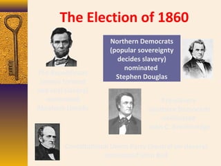 The Election of 1860
The Republicans
(newly formed
and anti-slavery)
nominated
Abraham Lincoln
Northern Democrats
(popular sovereignty
decides slavery)
nominated
Stephen Douglas
Pro-slavery
Southern Democrats
nominated
John C. Breckinridge
Constitutional Union Party (neutral on slavery)
nominated John Bell
 