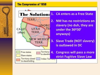 The Solution: 1. CA enters as a Free State
2. NM has no restrictions on
slavery (no duh, they are
under the 36º30’
anyways)
3. Slave Trade (NOT slavery)
is outlawed in DC
4. Congress will pass a more
strict Fugitive Slave Law
 