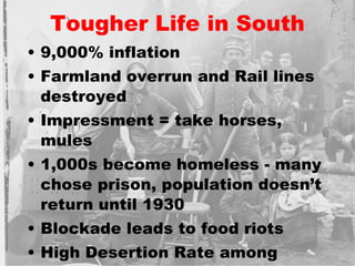 Tougher Life in South 9,000% inflation Farmland overrun and Rail lines destroyed Impressment = take horses, mules 1,000s become homeless - many chose prison, population doesn’t return until 1930 Blockade leads to food riots High Desertion Rate among soldiers 