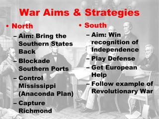 War Aims & Strategies North Aim: Bring the Southern States Back Blockade Southern Ports Control Mississippi (Anaconda Plan) Capture Richmond South Aim: Win recognition of Independence Play Defense Get European Help Follow example of Revolutionary War 