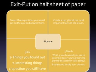 Exit-Put on half sheet of paper
Create three questions you would
put on the quiz and answer them.
Create a top 5 list of the most
important facts of the lesson.
321
3-Things you found out
2-interesting things
1-question you still have
5Words
What 5 words would you use to
describe slavery during the time
period discussed in class today?
Explain and justify your choices.
Pick one
 