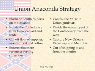 Civil War 19-20
Union Anaconda Strategy
• Blockade Southern ports
on the Atlantic
• Isolate the Confederacy
from European aid and
trade
• Cut off flow of supplies,
money, food and cotton
• Exhaust Southern
resources forcing
surrender
• Control the MS with
Union gunboats
• Divide the eastern part of
the Confederacy from the
west
• Capture New Orleans,
Vicksburg and Memphis
• Cut of shipping to and
from the interior
 