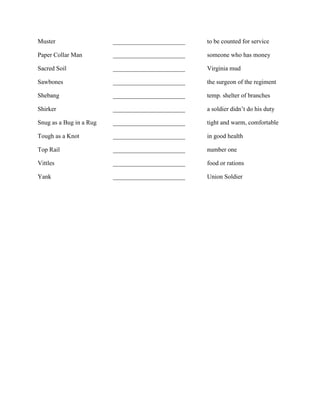 Civil War Slang Worksheet With Answers