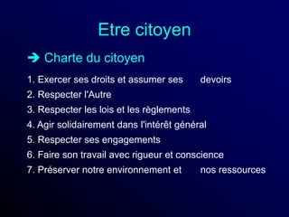 Etre citoyen
 Charte du citoyen
1. Exercer ses droits et assumer ses devoirs
2. Respecter l'Autre
3. Respecter les lois et les règlements
4. Agir solidairement dans l'intérêt général
5. Respecter ses engagements
6. Faire son travail avec rigueur et conscience
7. Préserver notre environnement et nos ressources
 