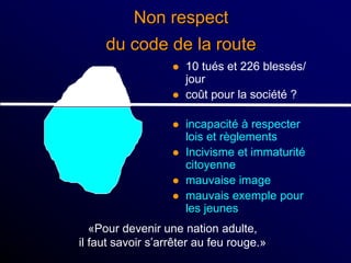 Non respect
du code de la route
 10 tués et 226 blessés/
jour
 coût pour la société ?
 incapacité à respecter
lois et règlements
 Incivisme et immaturité
citoyenne
 mauvaise image
 mauvais exemple pour
les jeunes
«Pour devenir une nation adulte,
il faut savoir s’arrêter au feu rouge.»
 