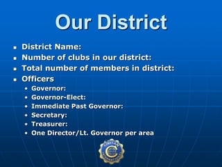  District Name:
 Number of clubs in our district:
 Total number of members in district:
 Officers
• Governor:
• Governor-Elect:
• Immediate Past Governor:
• Secretary:
• Treasurer:
• One Director/Lt. Governor per area
Our District
 