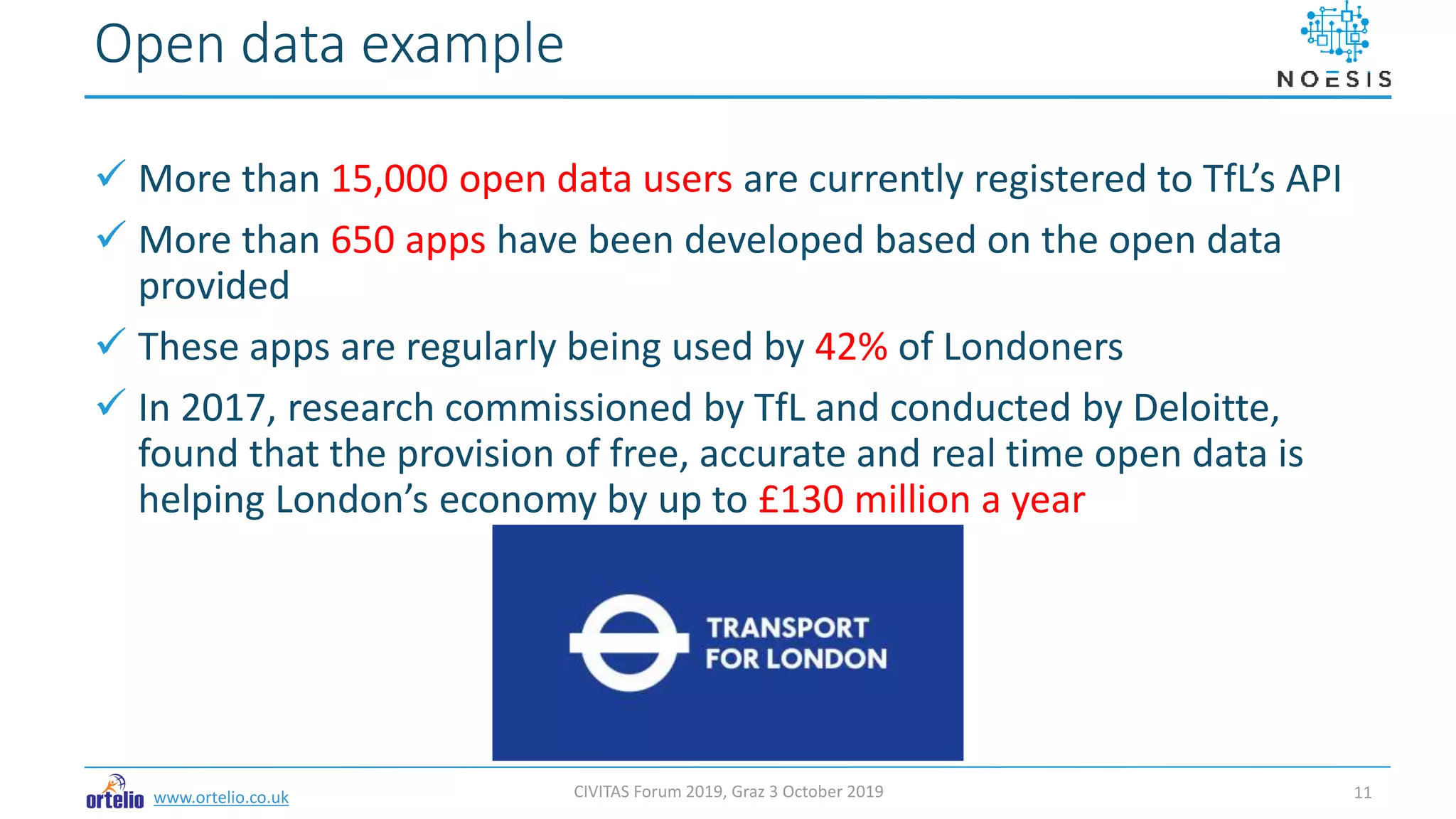 www.ortelio.co.uk
 More than 15,000 open data users are currently registered to TfL’s API
 More than 650 apps have been developed based on the open data
provided
 These apps are regularly being used by 42% of Londoners
 In 2017, research commissioned by TfL and conducted by Deloitte,
found that the provision of free, accurate and real time open data is
helping London’s economy by up to £130 million a year
Open data example
CIVITAS Forum 2019, Graz 3 October 2019 11
 