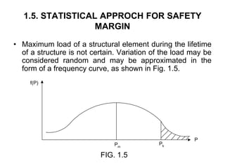 1.5. STATISTICAL APPROCH FOR SAFETY
MARGIN
• Maximum load of a structural element during the lifetime
of a structure is not certain. Variation of the load may be
considered random and may be approximated in the
form of a frequency curve, as shown in Fig. 1.5.
Pk
Pm
f(P)
P
FIG. 1.5
 
